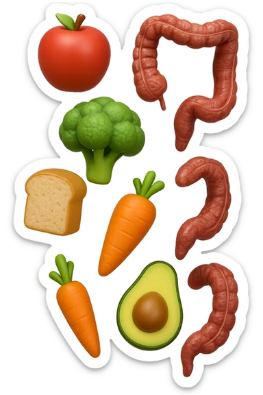 emoji stile iphone in 3d di cibo sano che fluttua in aria vericalmente insieme a pezzi di colon umano anatomico, iperrealistico 4k sticker