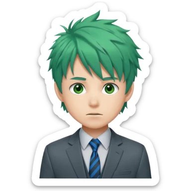 deku : boy anmie green hair green eyes in a ua gray jacket and blue tie suit with frenkles messy hair and black on the bangs sticker