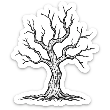 A creepy tree in a drawn style, closer to vector art, with clear black outlines, distinct shadows and highlights, old cracked bark texture, shape and bends matching the reference image, no gradients, only sharp color transitions. sticker