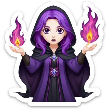 A dark sorceress with wavy purple hair, wearing a black cloak, summoning violet flames sticker