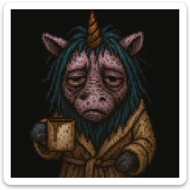 Add a rumpled bathrobe to the unicorn, keep the pixel art style, unicorn remains disgusting and rumpled with bags under his eyes, a drooping horn, and a dirty coffee cup. Pixel art style. sticker
