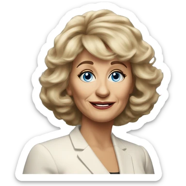 Medium length Dirty blonde poofy hair with bangs all across forehead and sides swept away from face business woman of 60 years old with blue eyes  sticker