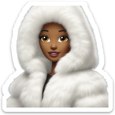 Barbie in an extremely big fluffy oversized white fur coat with hood on. The fur is real and it’s very obvious big and fluffy like in Pinterest  sticker