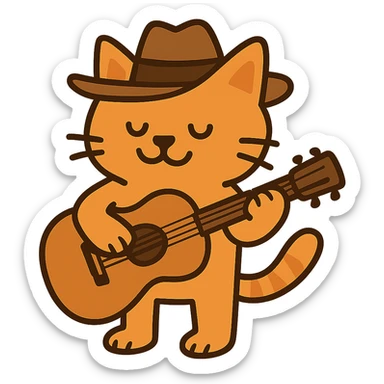 flat toon orange cowboy cat strumming an acoustic guitar  sticker