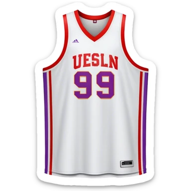 Cinematic Realistic image of a basketball jersey rendered in bold team colors with finely textured fabric and realistic creases, set against an energetic court backdrop with bright, dynamic lighting sticker