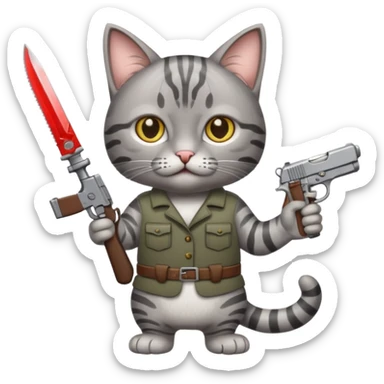 A cat holding a gun and a knife sticker