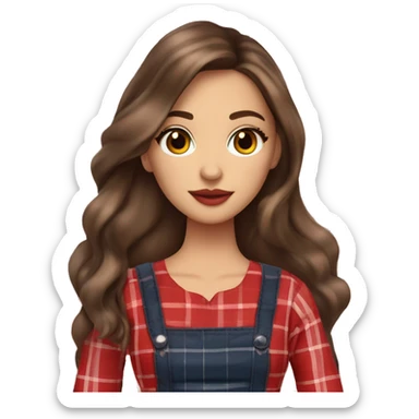 Pretty peach skin brunette woman with doll eyes and long flowing hair and red rosy cheeks in red plaid babydoll dress sticker