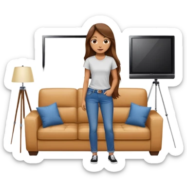 beautiful girl with long brown hair constructing new lounge room area with flat screen tv and couch sticker