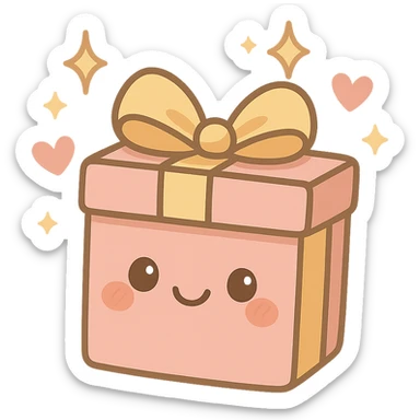 cute gift box with sparkling stars and hearts, smiling wrapping paper, remove background sticker