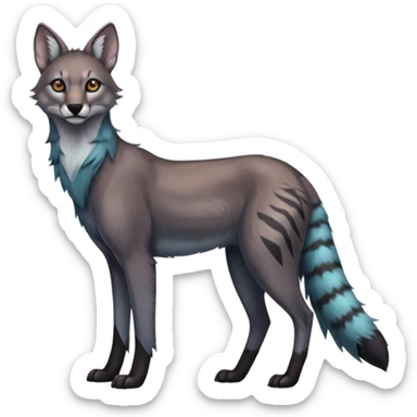 Realistic edgy bluish greyish blackish whitish silvery coppery Shiny Colorful Dusky Dark Gloomy Glossy Maned-Wolf-Genet-Caracal-Lion-Bobcat-fusion-animal-hybrid-creature, full body, tufted ears, long thin tufted tail sticker