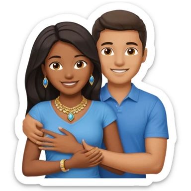 smiling embracing interracial couple from waist up. ebony woman with long hair and jewelry. brazillian man short hair wearing blue. sticker