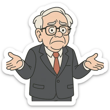 Warren Buffett with empty hands raised, looking lost, business attire, cartoon style sticker