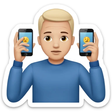a guy holding 1 smartphone with both hands, smarphone should be horizontal, on top of his forehead sticker