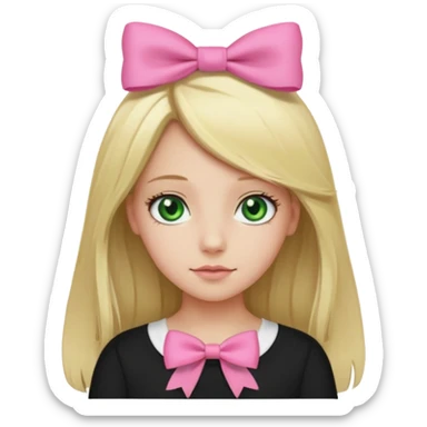 blonde girl middle part long hair , pink bow in hair, plain black top, green eyes. sticker