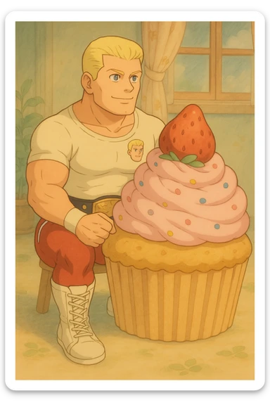 Add a wrestling belt to Cody Rhodes as he sits on the cupcake in Ghibli style. sticker