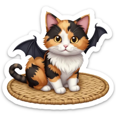 cat sitting on a mat with two bats flying nearby sticker
