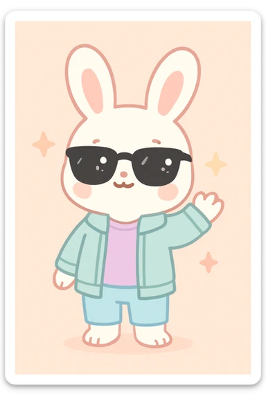 conejo blanco kawaii de pie, gafas de sol negras, ropa moderna chaqueta y camiseta, sin zapatos, saludando con una mano sticker