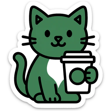 a cat inspired by Starbucks branding, green and white color scheme, holding a coffee cup, clean modern icon style sticker