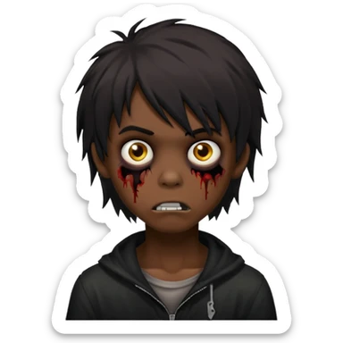 boy zombie with black medium-long emo shaggy hair, dark and spooky, creepy expression sticker