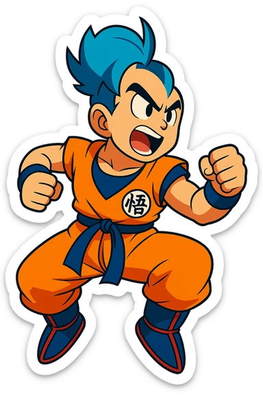 Edit the image of Goku to have only one strand of blue hair, in a dynamic pose with vibrant colors. Remove the background to be transparent. Maintain a style suitable for editing with text support. sticker