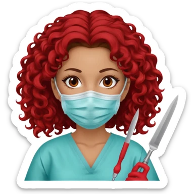 Lilith symbol seductress evil surgeon. curly, long hair. brown hair. Red surgical mask and hair covering. She works for cartel and kills  with a scalpel. sticker