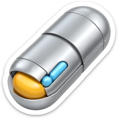 capsule pill emoji, metallic silver halves, smooth glossy finish, futuristic pharmaceutical 3D icon, isolated on white sticker