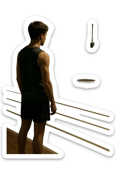 cinematic a person stands alone on a running track or in a fitness studio, glancing toward an empty coach’s chair or whistle hanging on a hook. The absence of the coach is emphasized by a faint, transparent silhouette or shadow where the coach should be. The atmosphere is quiet and a bit disheartened. in italiano sticker