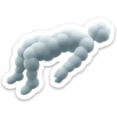 side view of unconscious person flying torso up, legs and arms down, made of small very bright white fluffy convex clouds, matte glass style sticker