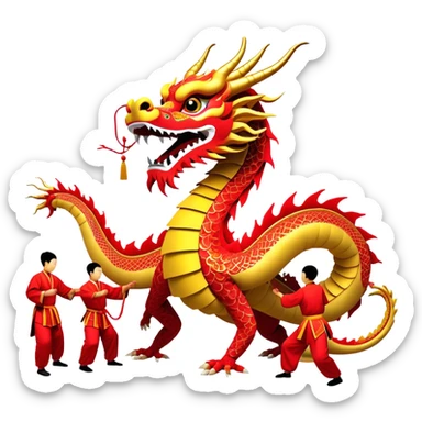 Cinematic Realistic scene of a traditional Chinese Dragon Dance featuring a team of performers skillfully manipulating a colossal, flexible dragon puppet, its intricately detailed, vibrant scales and flowing, embroidered fabric catching the light, set against a festive backdrop of red lanterns and dynamic red-tinged lighting that accentuates the majestic presence of the dragon puppet. sticker