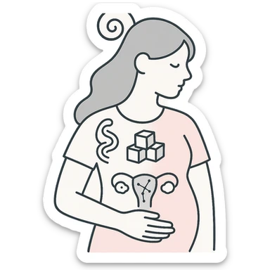 pastel minimalist illustration of a woman's outline filled with abstract PCOS signs including spiraling hair, sugar cubes, constellation-shaped ovaries, clean medical style sticker