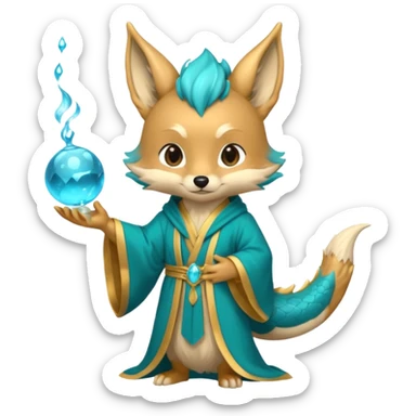 Chibi teal fox with gold mark on forehead, teal-gold robe, holding glowing blue water orbs, with dragon tail on its backside with small antler horns on its head sticker