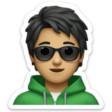 Young boy with green hoodie and sunglasses and black hair sticker