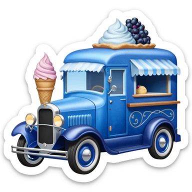 shiny-dark-blue crystal-bodied frozen blueberry muffin, pie, and ice cream, antique hot rod long-wheelbase durable-looking food truck  sticker