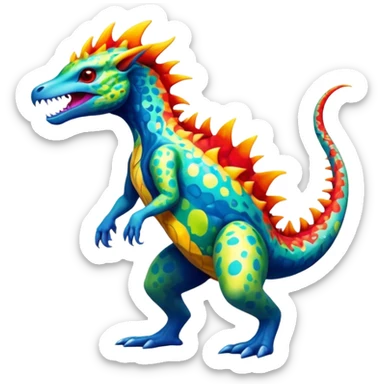 a colorful edgy vernid-fionbri-creature with splash patterns full body sticker