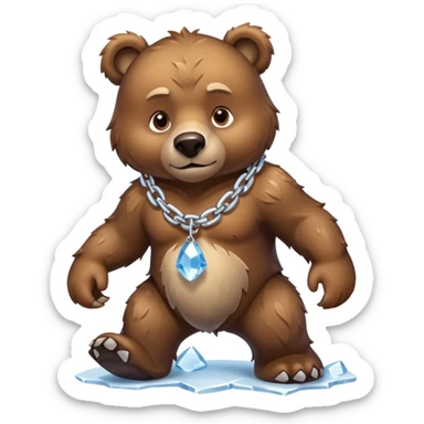 Fierce brown bear walking on four paws with an ice chain necklace, frozen chain links made of crystal clear ice, serious face sticker