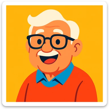 a smiling white-haired old man with black framed glasses, cartoon style, vibrant colors sticker