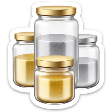 Cinematic Realistic Glitter Jars, elegant glass containers filled with ultra-fine shimmering gold and silver dust, light catching the tiny specks in a mesmerizing glow, slightly open lids revealing the rich, sparkling texture inside, set against a softly blurred background, radiating a sense of enchantment and wonder. sticker