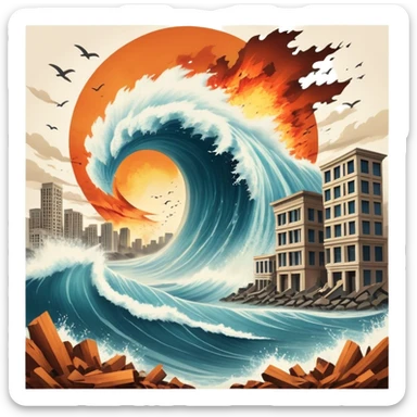 A vintage movie poster-style design with a dramatic scene of a natural disaster like an earthquake, tornado, or tsunami. Include crumbling buildings, flying debris, and fiery explosions. The background should be chaotic, with a cinematic, apocalyptic vibe. Transparent background. sticker
