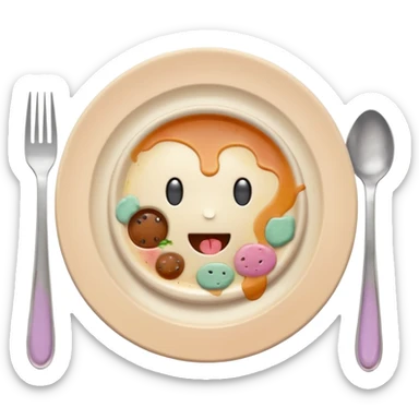 of a dirty plate after eating, leftover food scraps, sauce stains on the plate, small fork and spoon resting on the plate, slightly messy but funny, soft pastel colors, rounded shape, clean background, kawaii style, expressive and playful, high quality, emoji style sticker