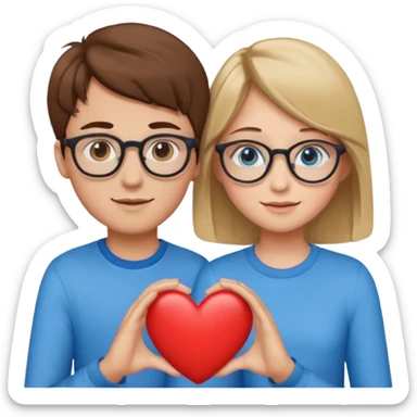 two young lovers, a heart in the middle, boy with brown hair and glasses, girl blonde with blue eyes, emoji style sticker