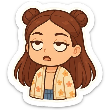 Create a chibi sticker of the girl from the reference image. She has brown straight hair styled in double buns, brown eyes, wearing a pastel floral cardigan and jeans. The expression is rolling her eyes as if saying 'oh my god'. The sticker should have a white outline and a transparent background, 512x512px. sticker