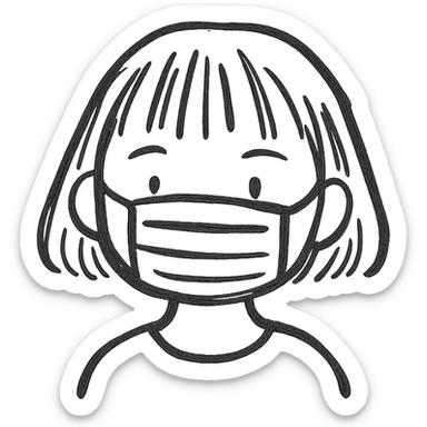 Old girl wearing medical mask with bangs and short hair, hair color brown sticker