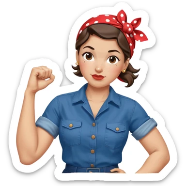 Rosie the Riveter in traditional pose flexing right arm, blue work shirt, red polka dot bandana, confident expression sticker