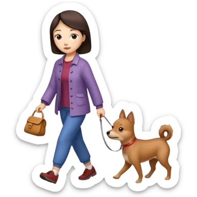 Chinese woman walking small brown dog sticker