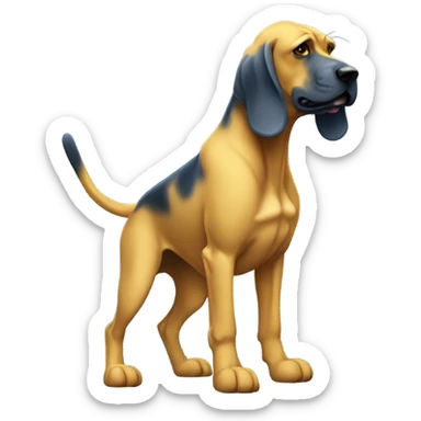 A Blue and yellow bloodhound dog standing erect on its hind legs boxing. sticker