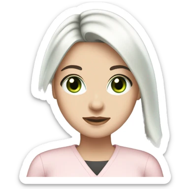 A pretty white girl with very long black hair and green eyes working in a light pink work attire sticker