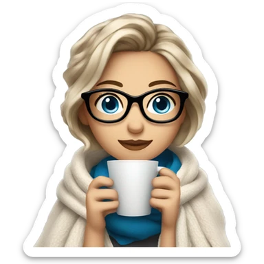 Balayage short hair Girl drinking coffee, with a cozy blanket wearing glasses with blue eyes beautiful  sticker