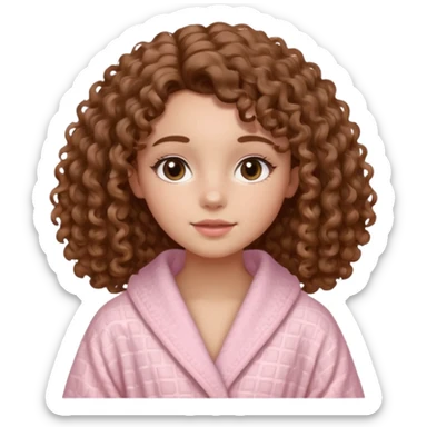  “16-year-old girl with light warm-toned skin and medium brown 3B curly hair, wearing a light pink waffle-textured robe, oval-shaped face with full lips, almond dark eyes, natural makeup look, Clean girl aesthetic, soft curls, natural glow, feminine and sweet expression. sticker