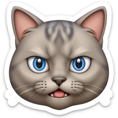 angry grey cat blue small slanted eyes. iphone real emoji style, made the cat look challenging sticker