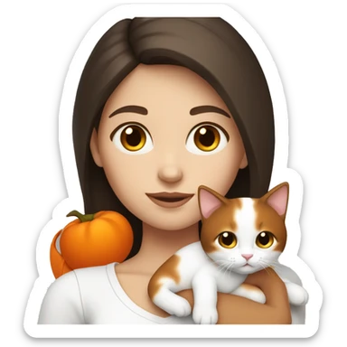 a white girl with dark brown medium hair holding a white and orange kitty  sticker